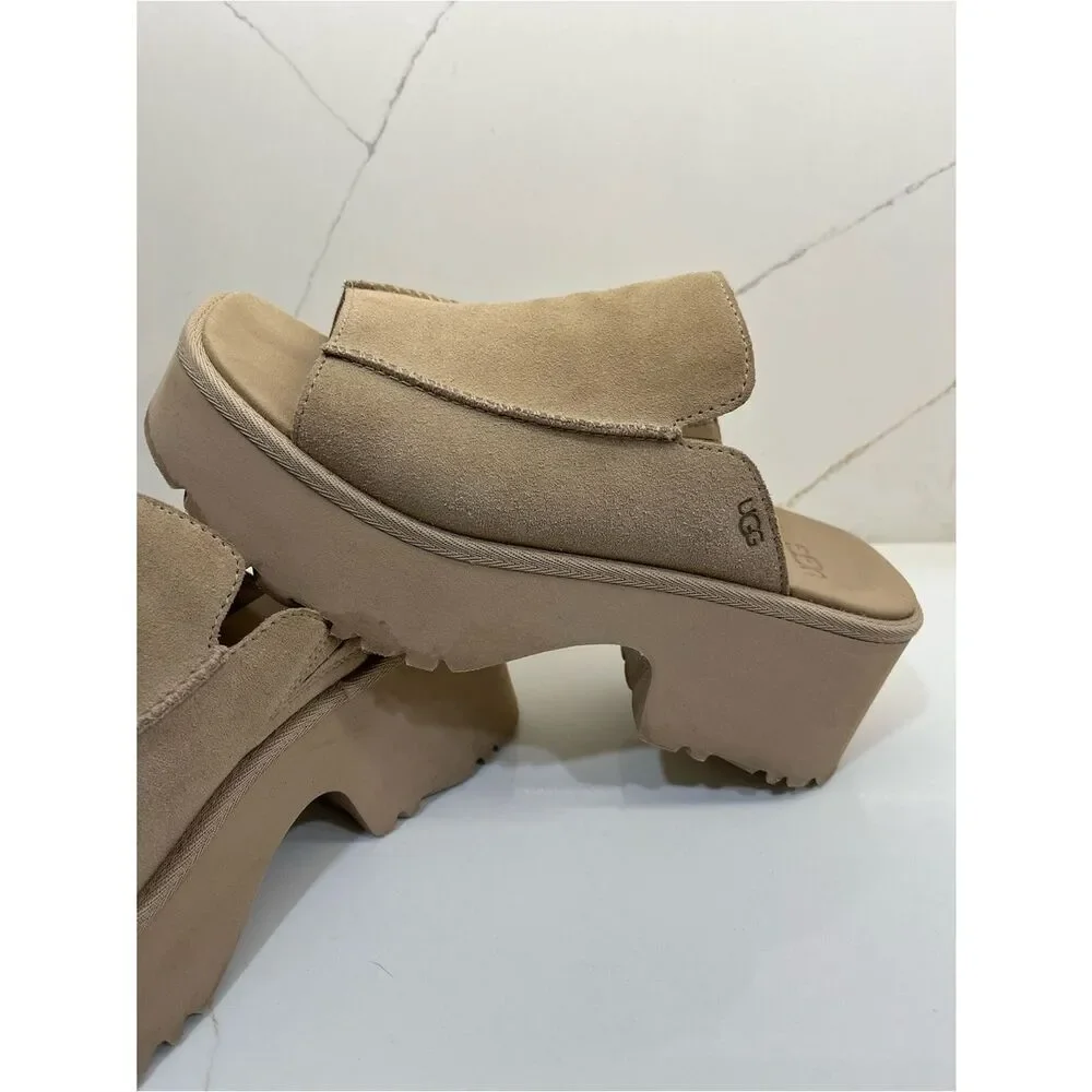 UGG Suede Platform Slide Sandals Camel Tan Square Toe Wedge Slides Sz 9